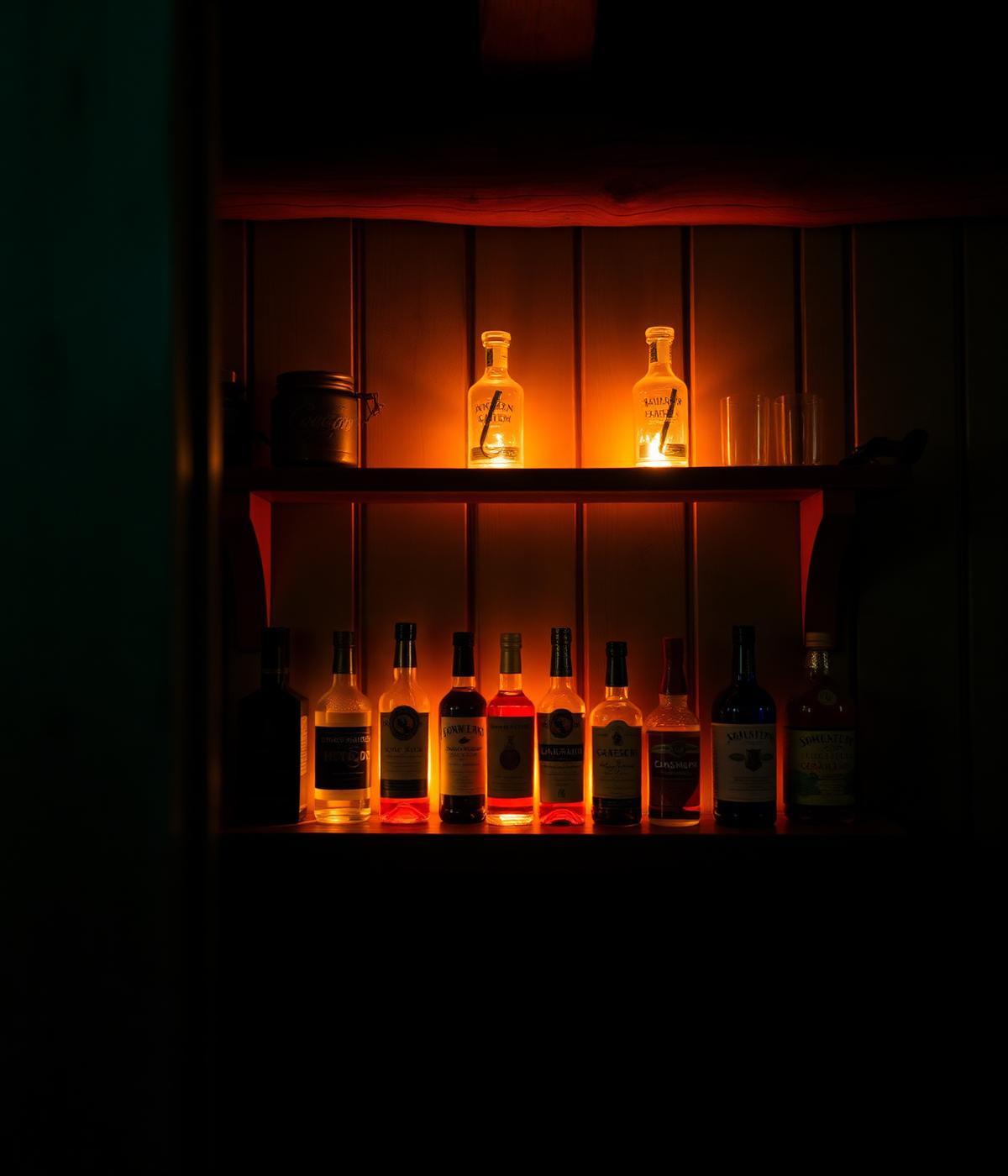 Backlit bar with glowing bottles